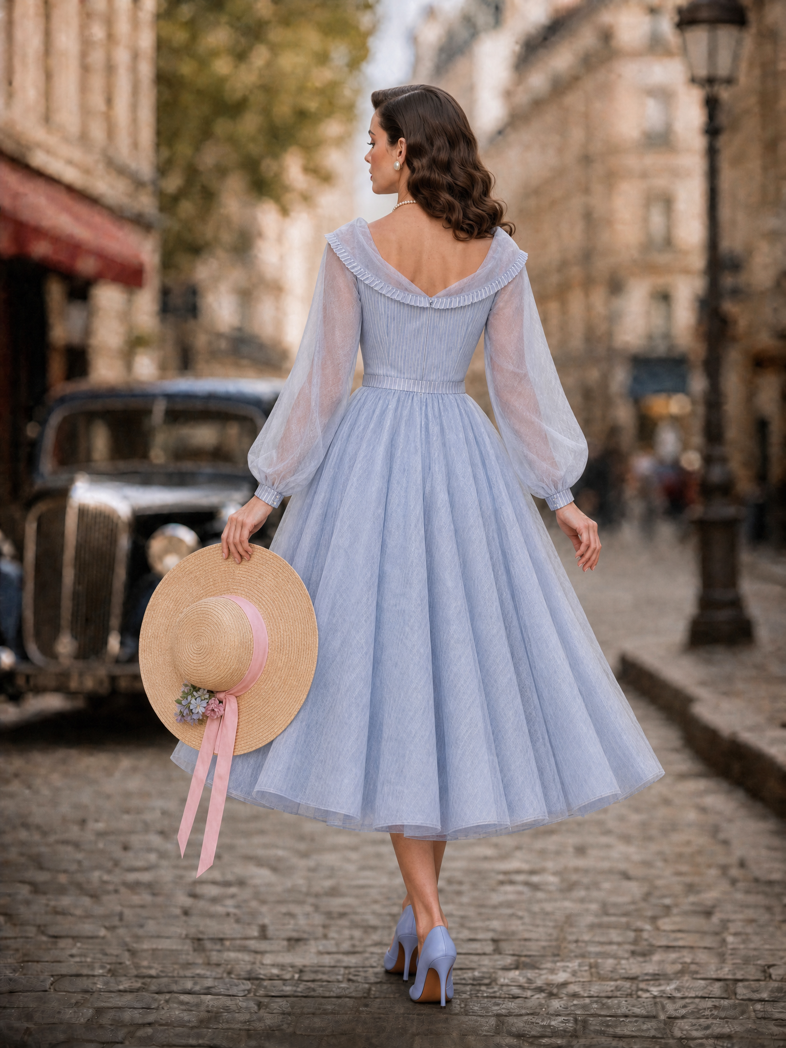 1950s Vintage Blue Portrait-Collar Belted Fit-and-Flare Midi Dress