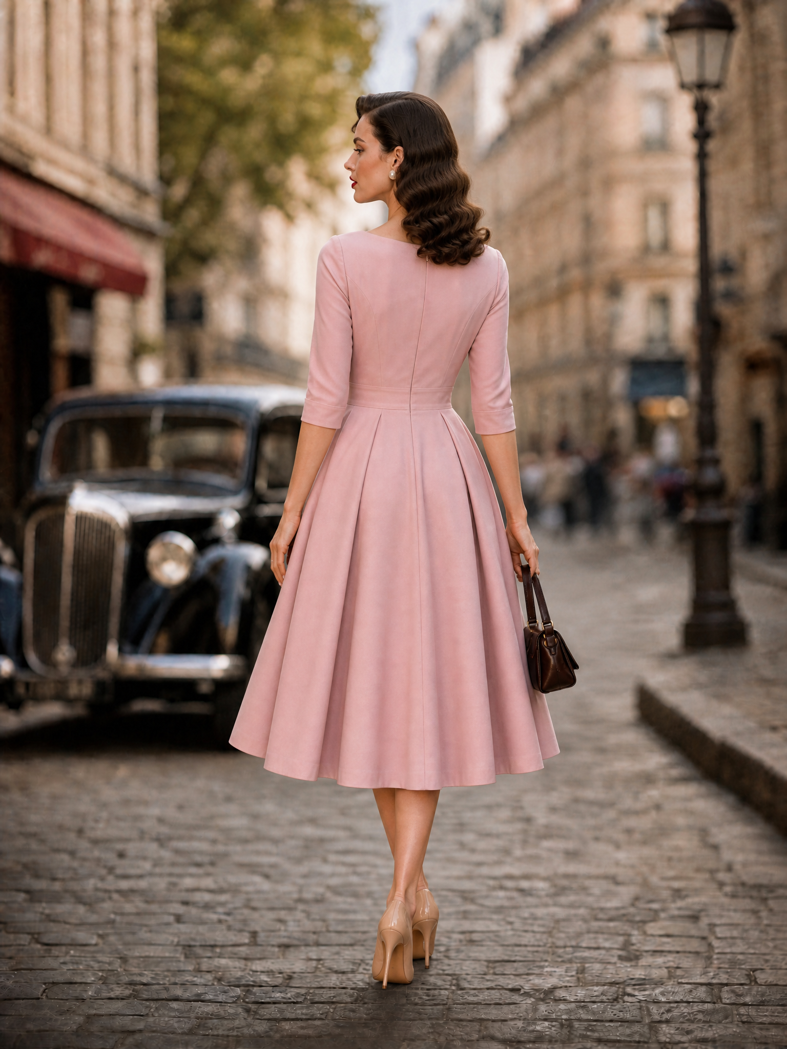 1950s Retro Audrey-Style Pink Swing Midi Dress