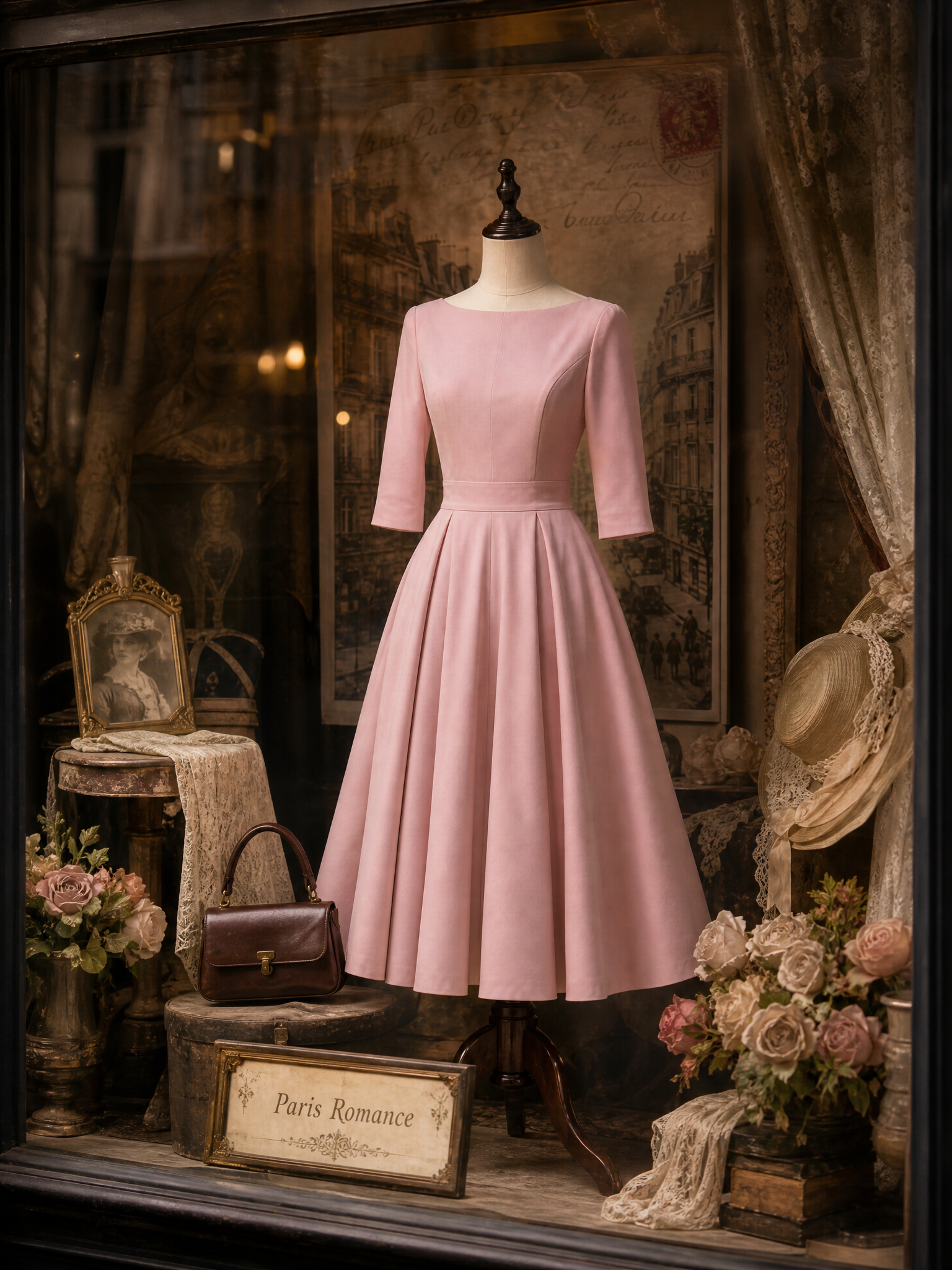 1950s Retro Audrey-Style Pink Swing Midi Dress