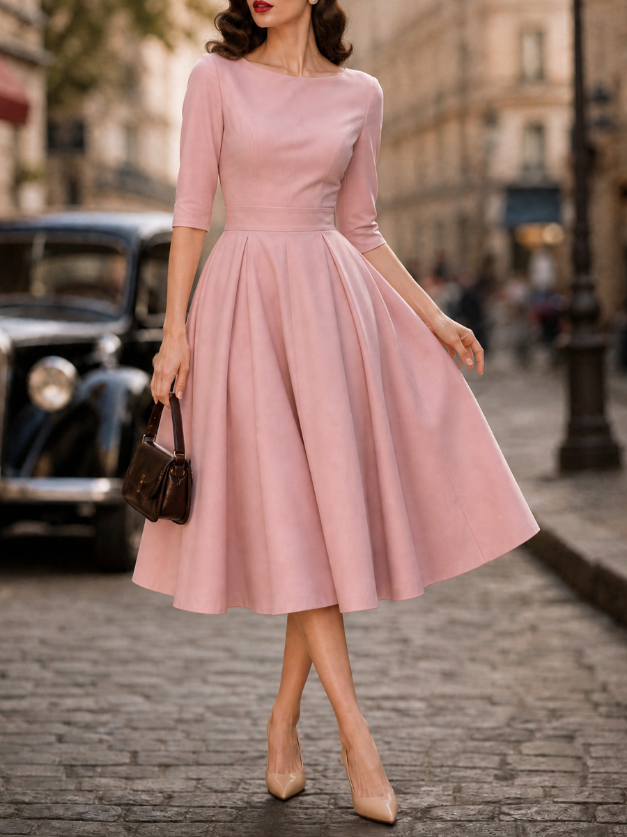 1950s Retro Audrey-Style Pink Swing Midi Dress