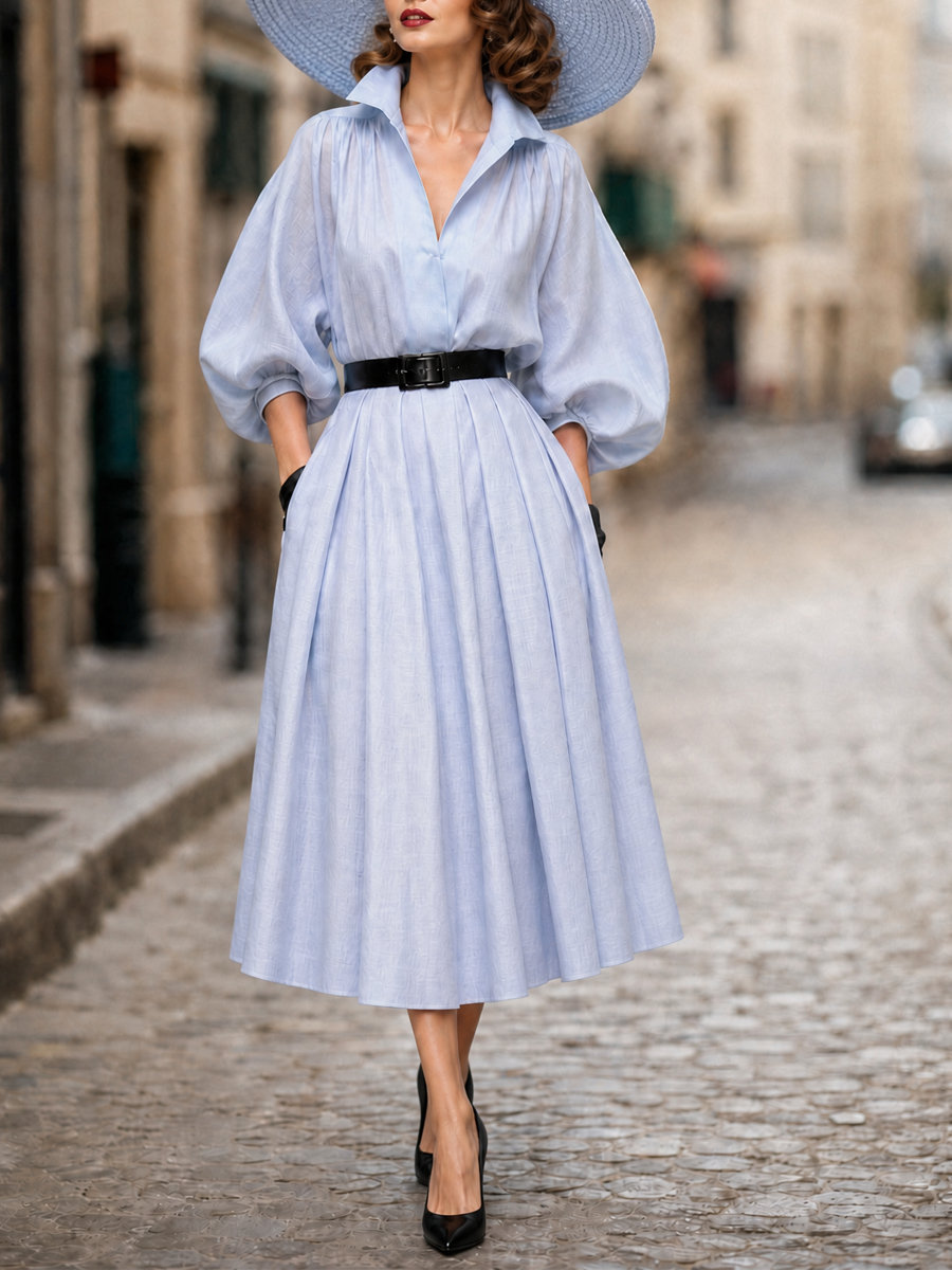 French Retro Sky-Blue Lantern-Sleeve A-Line Midi Dress
