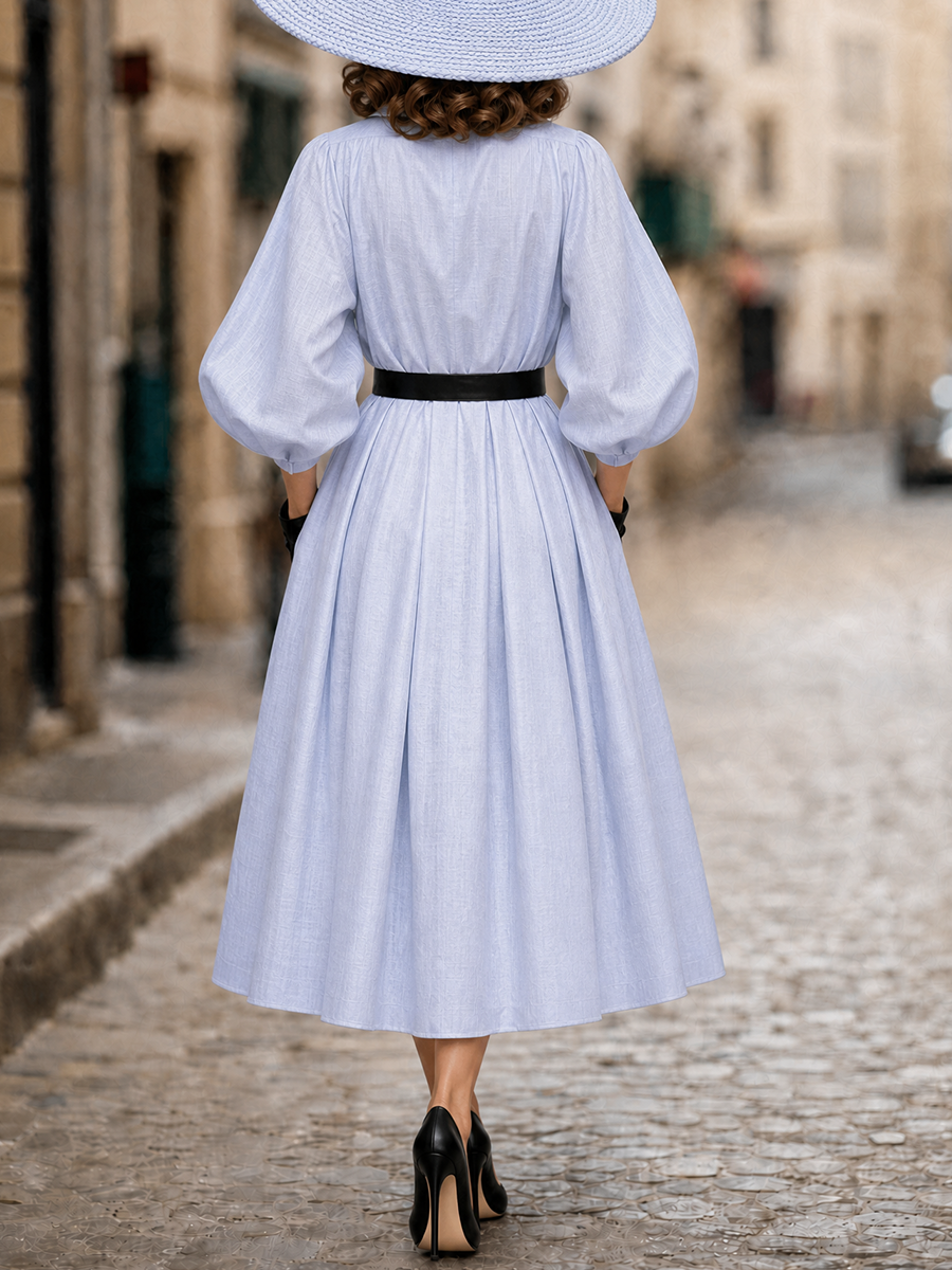 French Retro Sky-Blue Lantern-Sleeve A-Line Midi Dress