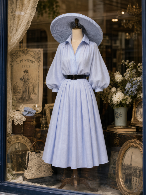 French Retro Sky-Blue Lantern-Sleeve A-Line Midi Dress