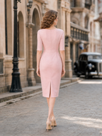 Retro Boat-Neck Blush Pink Bodycon Midi Dress