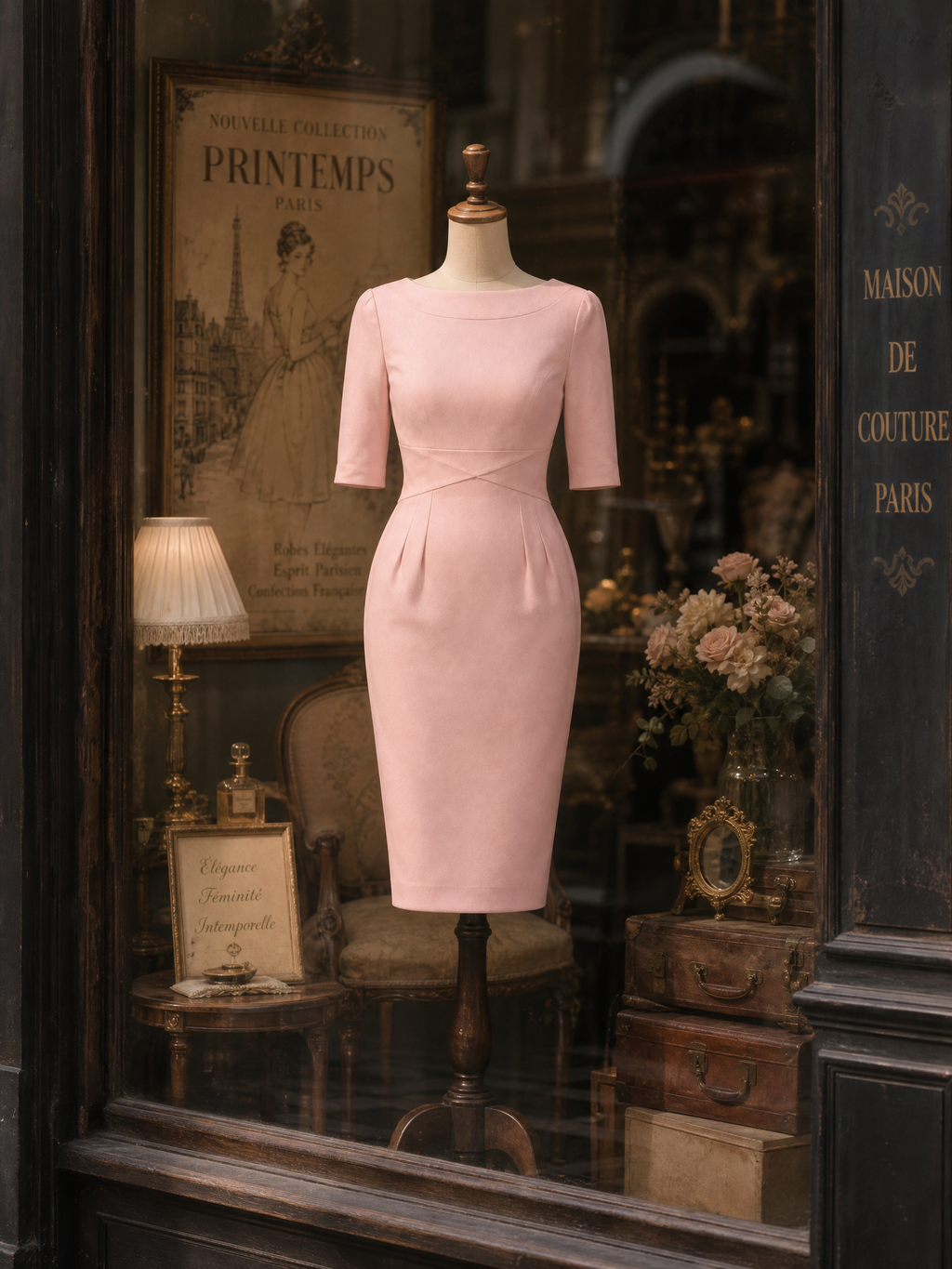 Retro Boat-Neck Blush Pink Bodycon Midi Dress