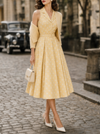 1950s Retro Yellow Dotted Collared Fitted-Waist Swing Midi Dress