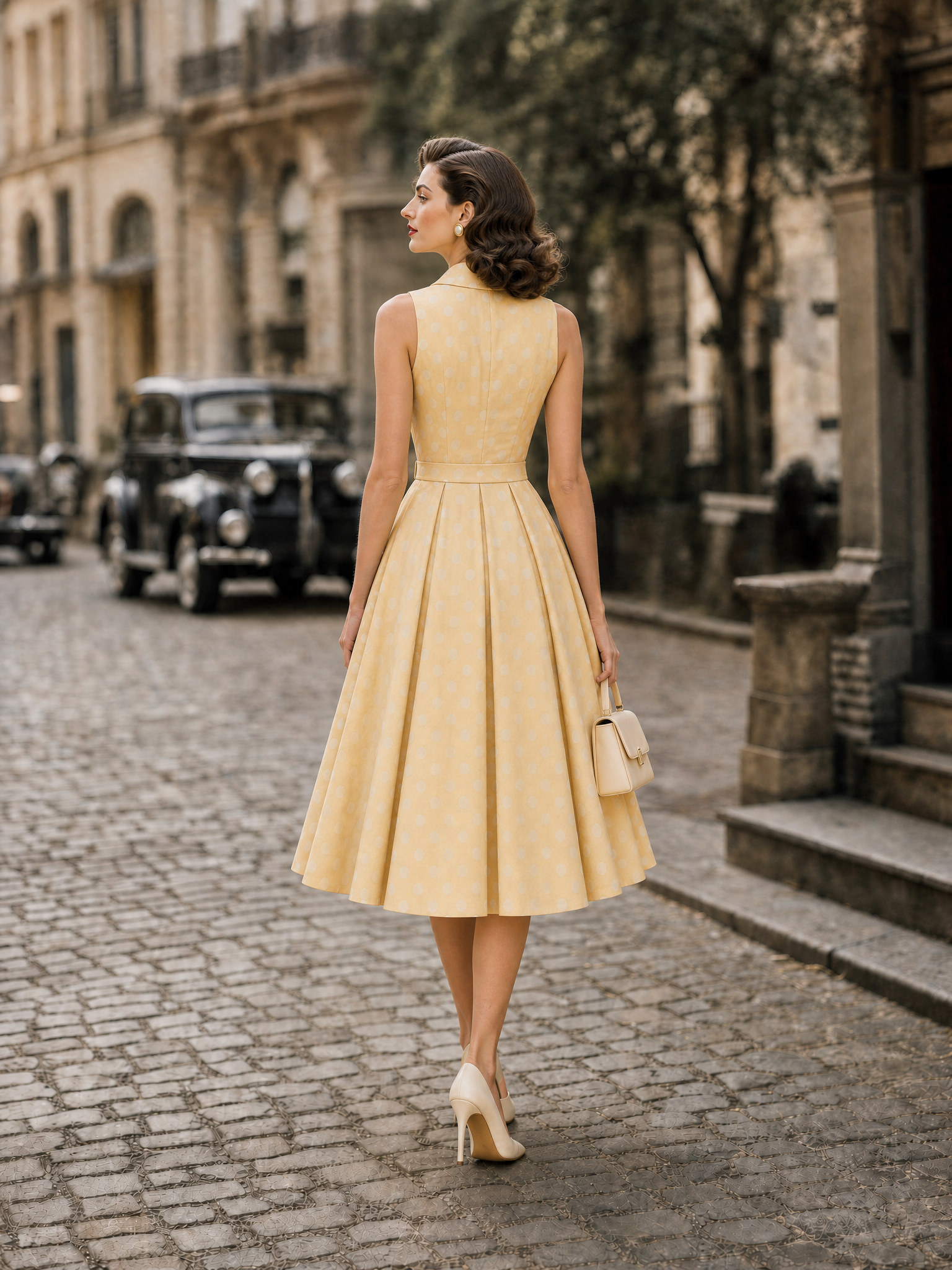 1950s Retro Yellow Dotted Collared Fitted-Waist Swing Midi Dress