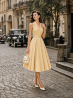 1950s Retro Yellow Dotted Collared Fitted-Waist Swing Midi Dress