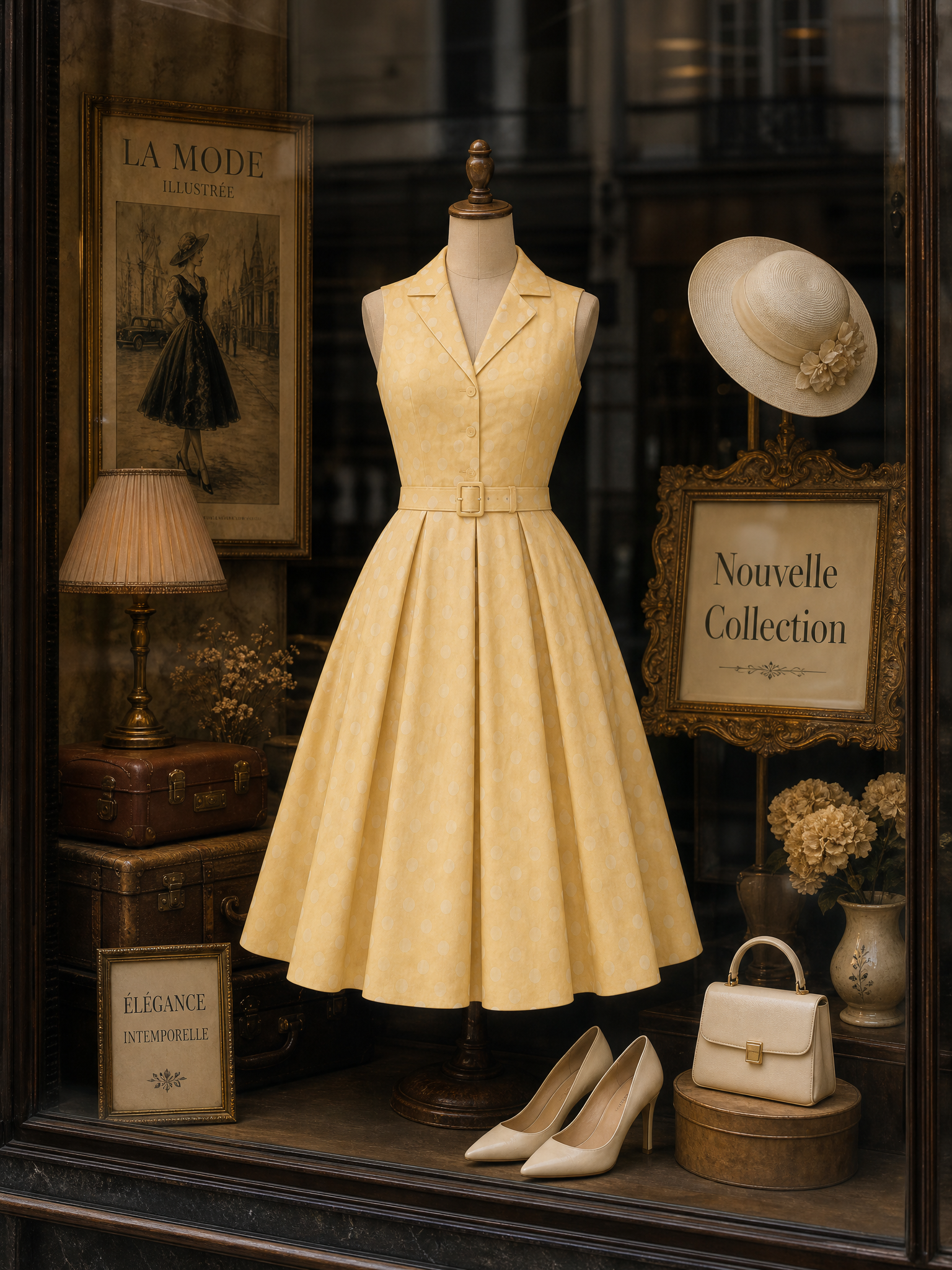 1950s Retro Yellow Dotted Collared Fitted-Waist Swing Midi Dress