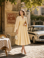 1950s Retro Yellow Dotted Collared Fitted-Waist Swing Midi Dress