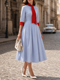 1950s Vintage Sky-Blue Contrast Red Tie-Neck Fit-and-Flare Midi Dress