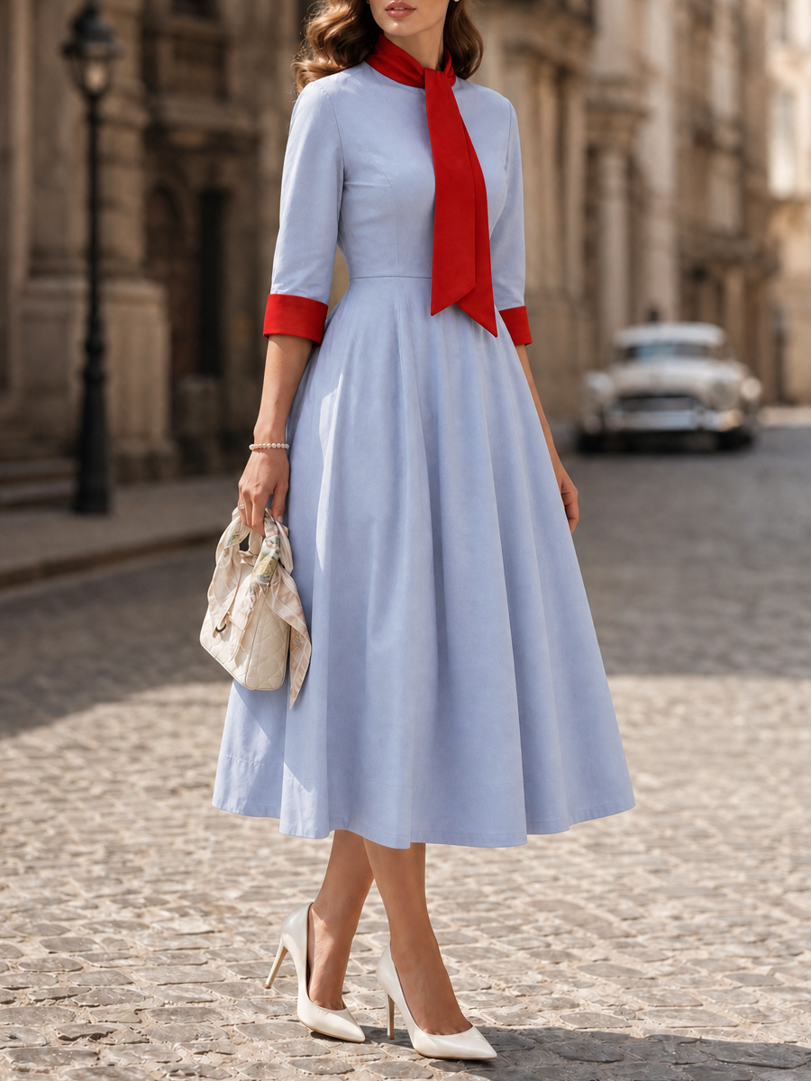 1950s Vintage Sky-Blue Contrast Red Tie-Neck Fit-and-Flare Midi Dress