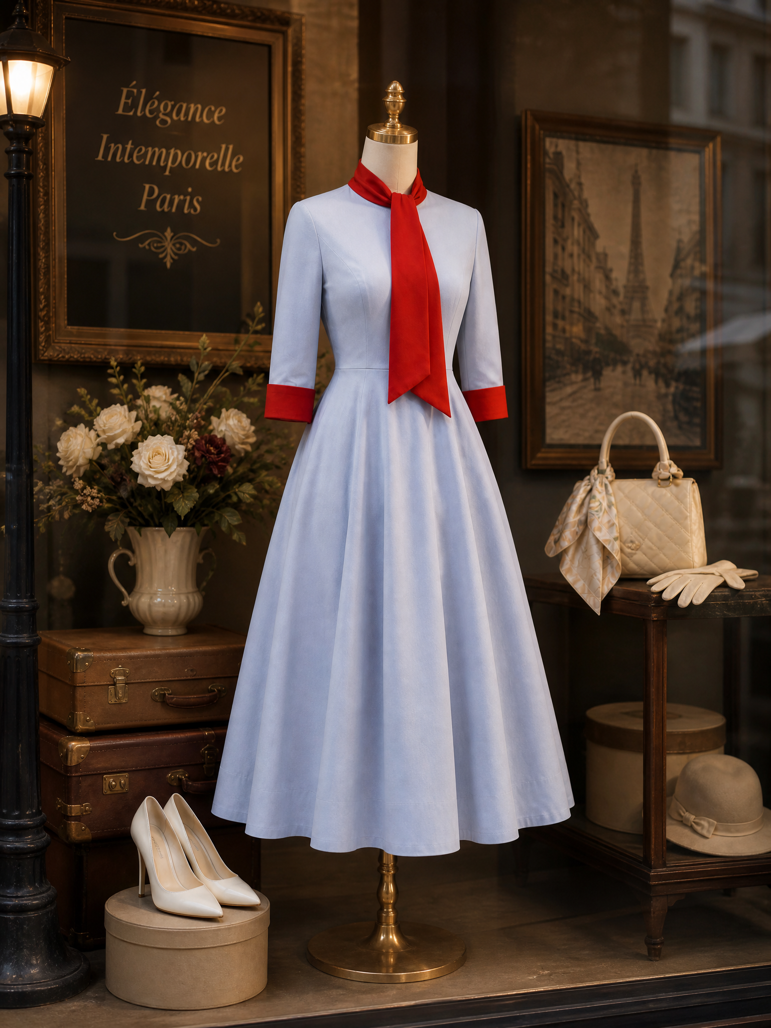 1950s Vintage Sky-Blue Contrast Red Tie-Neck Fit-and-Flare Midi Dress