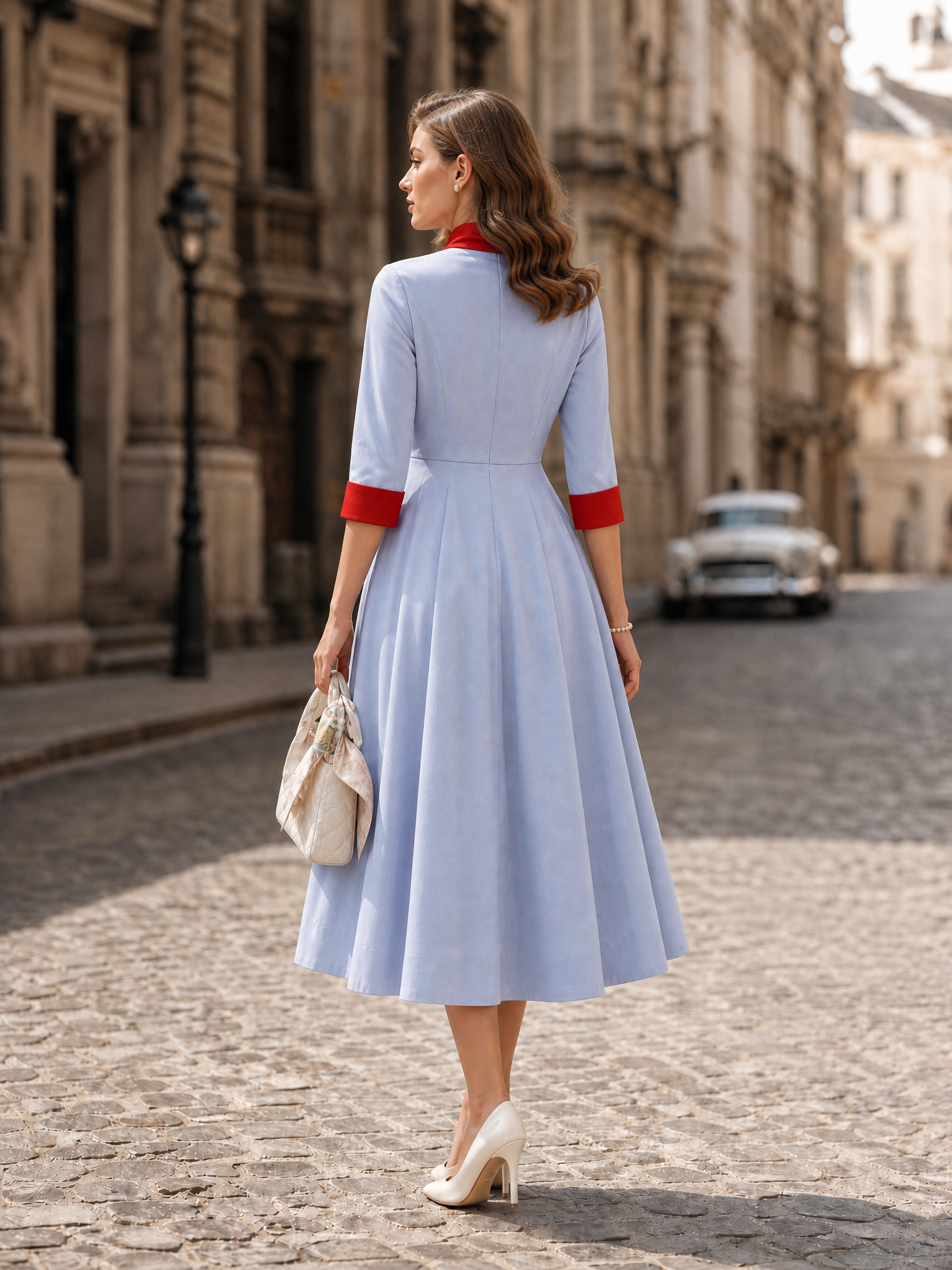 1950s Vintage Sky-Blue Contrast Red Tie-Neck Fit-and-Flare Midi Dress