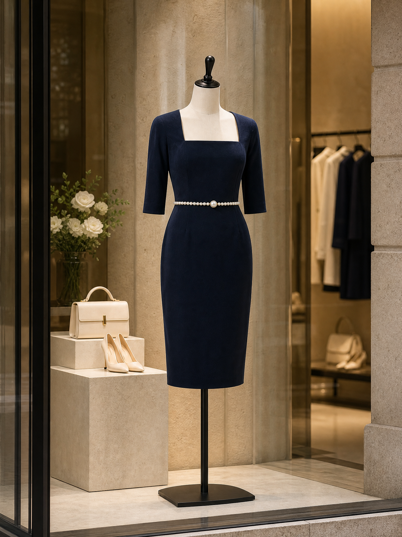 Retro Elegant Dark Navy Square Neckline Office Pencil Midi Dress