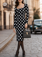 Vintage Polka-Dot Square-Neck Long-Sleeve Bodycon Pencil Midi Dress