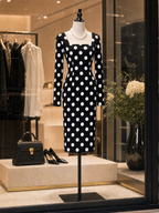 Vintage Polka-Dot Square-Neck Long-Sleeve Bodycon Pencil Midi Dress