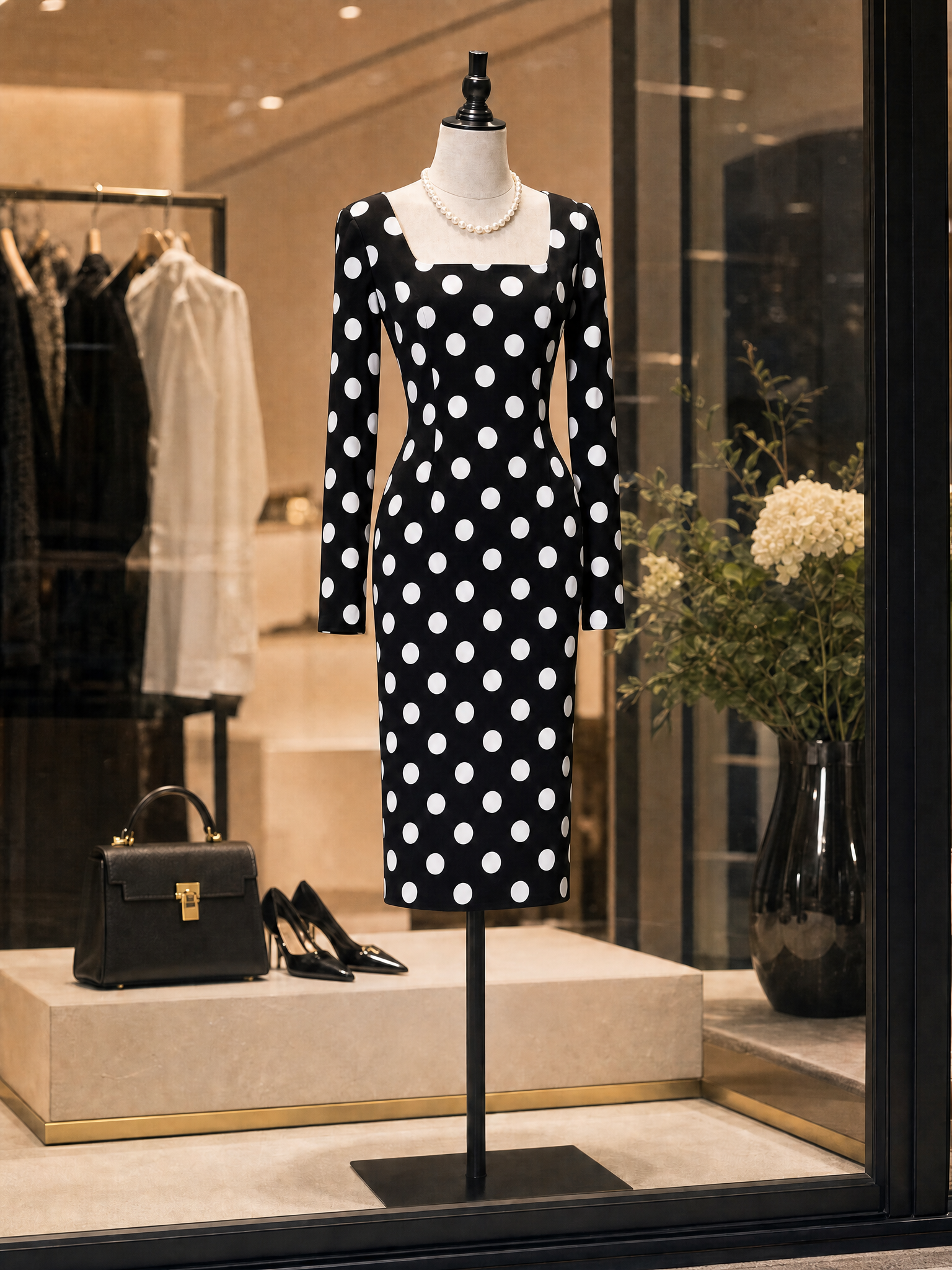 Vintage Polka-Dot Square-Neck Long-Sleeve Bodycon Pencil Midi Dress