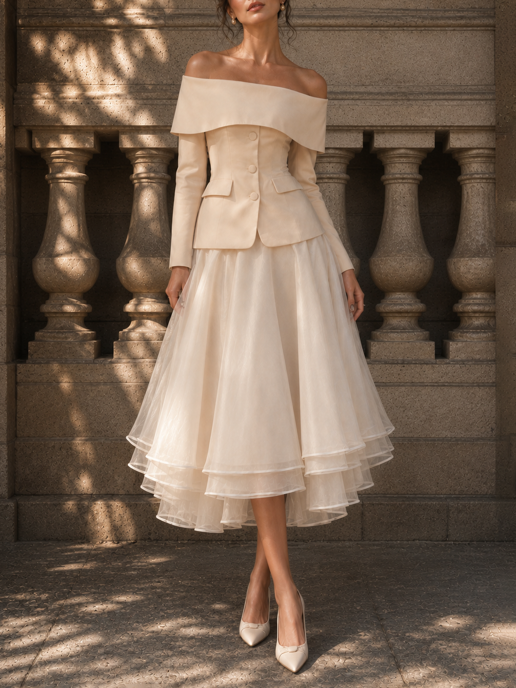 Vintage Off-the-Shoulder Blazer & Full Skirt Two-Piece Set