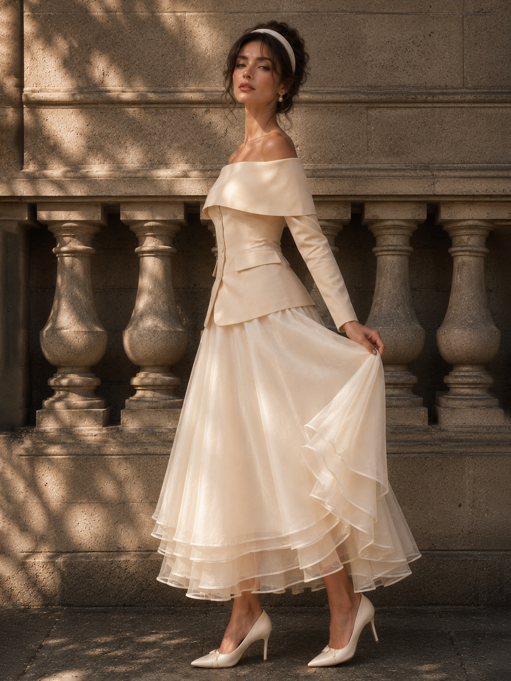 Vintage Off-the-Shoulder Blazer & Full Skirt Two-Piece Set
