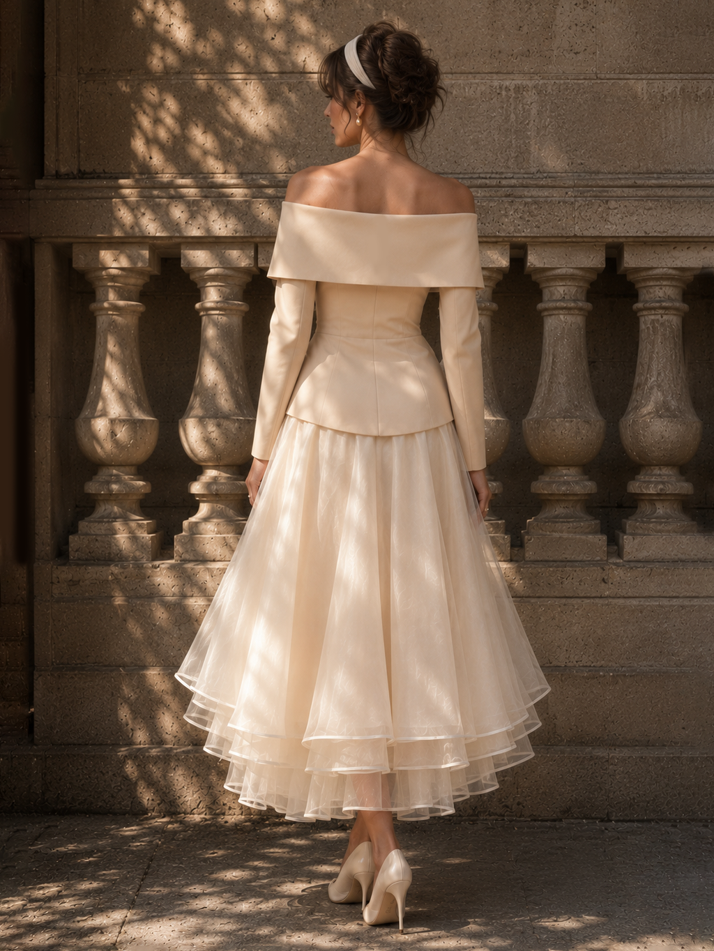 Vintage Off-the-Shoulder Blazer & Full Skirt Two-Piece Set