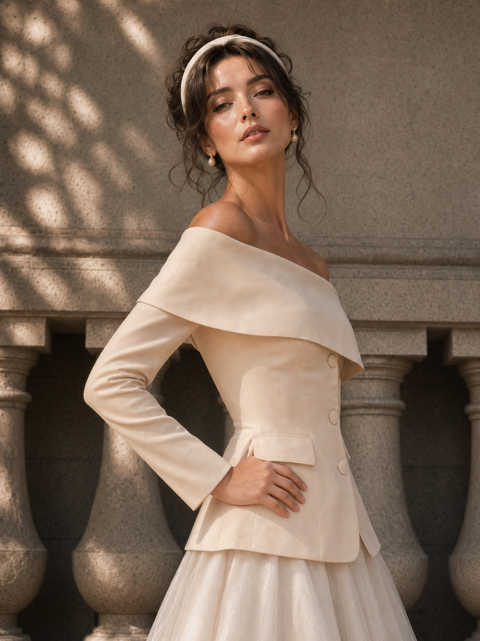 Vintage Off-the-Shoulder Blazer & Full Skirt Two-Piece Set