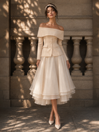 Vintage Off-the-Shoulder Blazer & Full Skirt Two-Piece Set