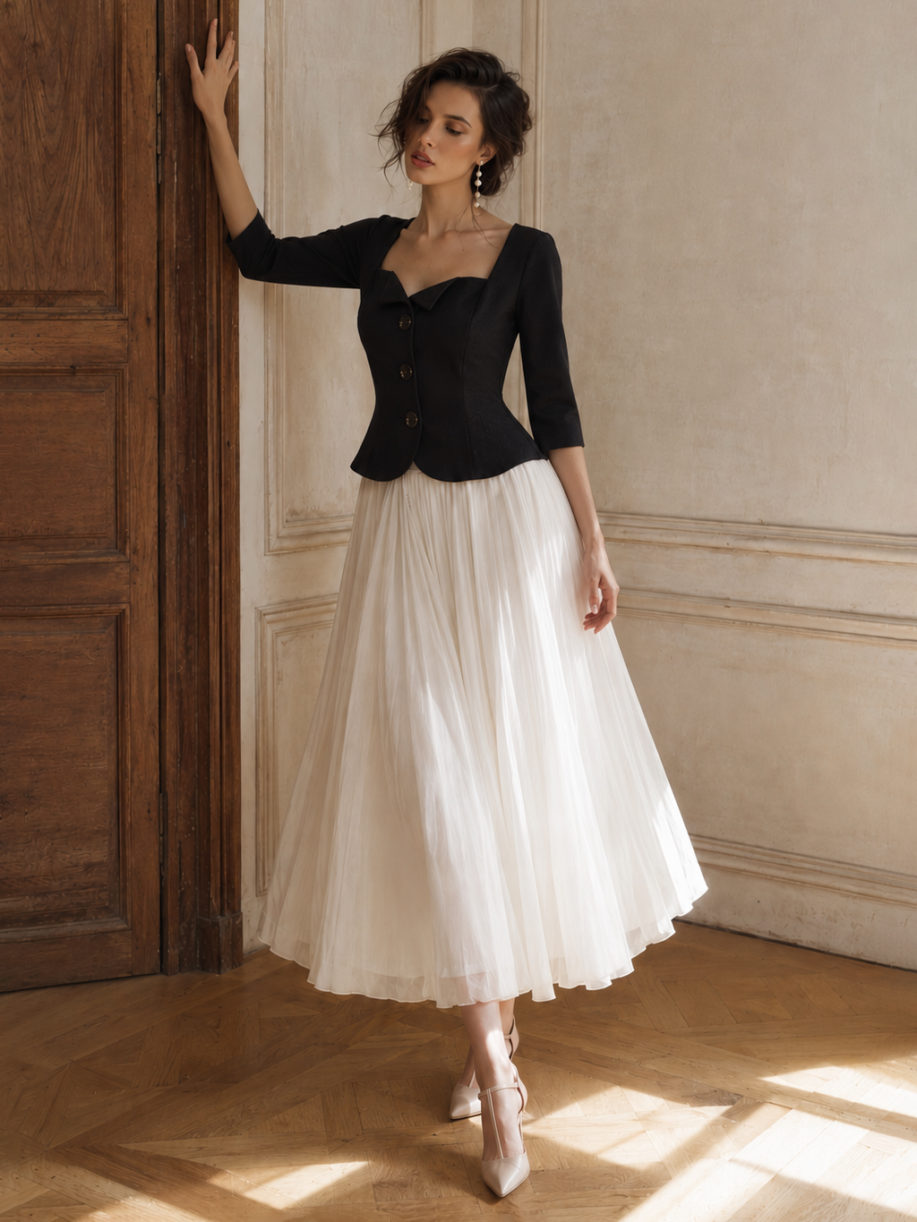 Vintage Square Neck Top & Pleated A-Line Skirt Two-Piece Set
