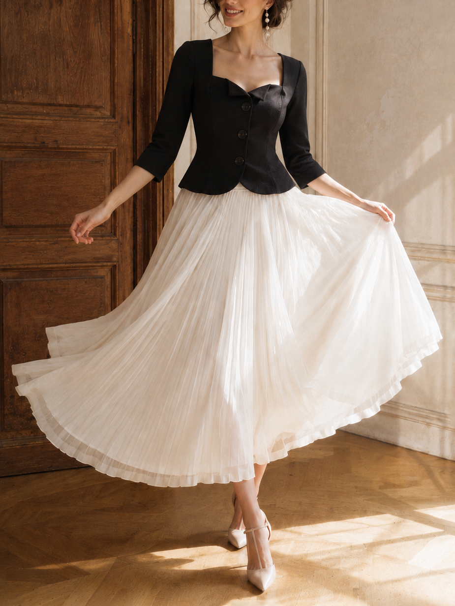Vintage Square Neck Top & Pleated A-Line Skirt Two-Piece Set