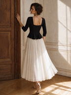 Vintage Square Neck Top & Pleated A-Line Skirt Two-Piece Set