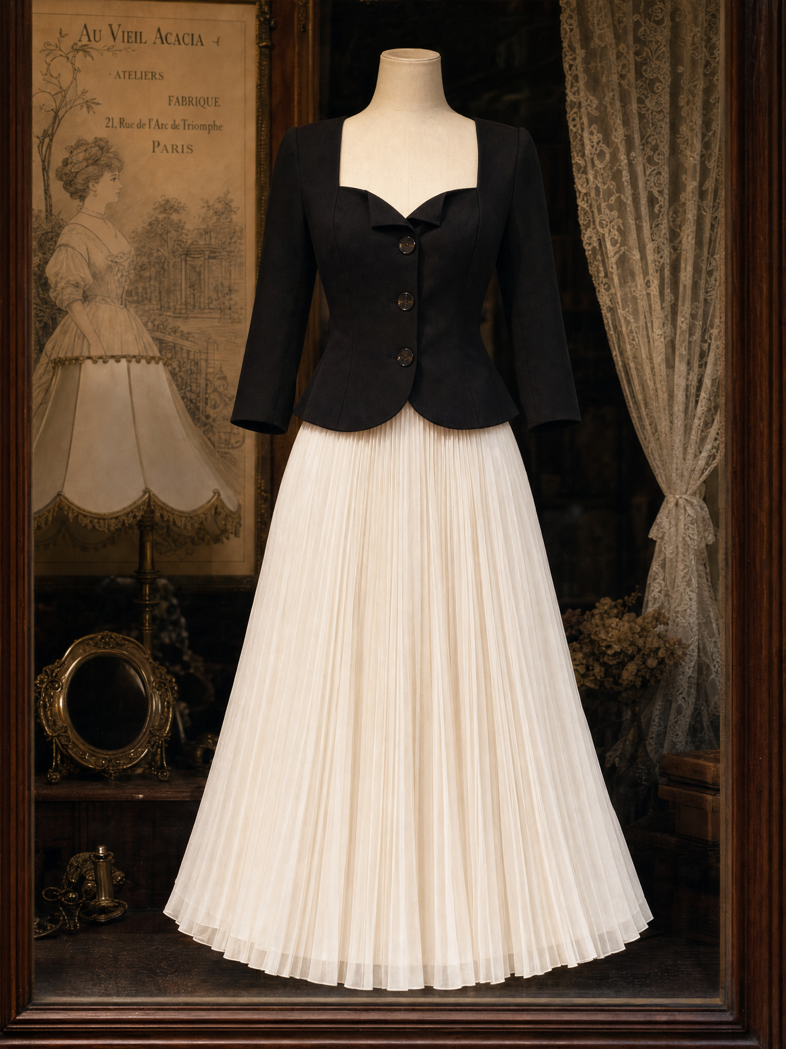 Vintage Square Neck Top & Pleated A-Line Skirt Two-Piece Set