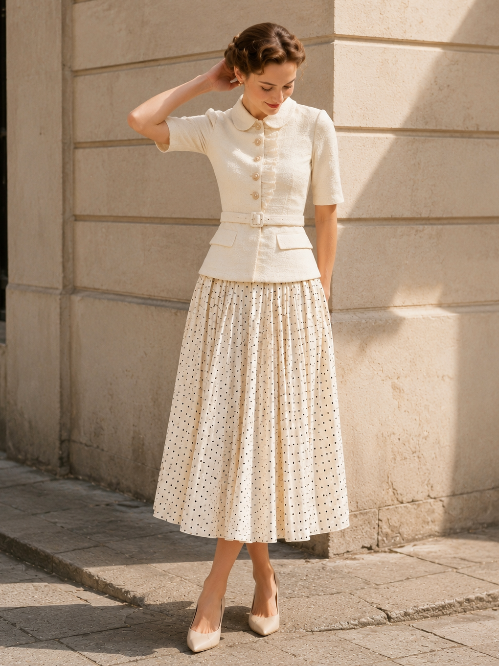 Vintage Chunky Knit Top & Polka Dot Skirt Two-Piece Set