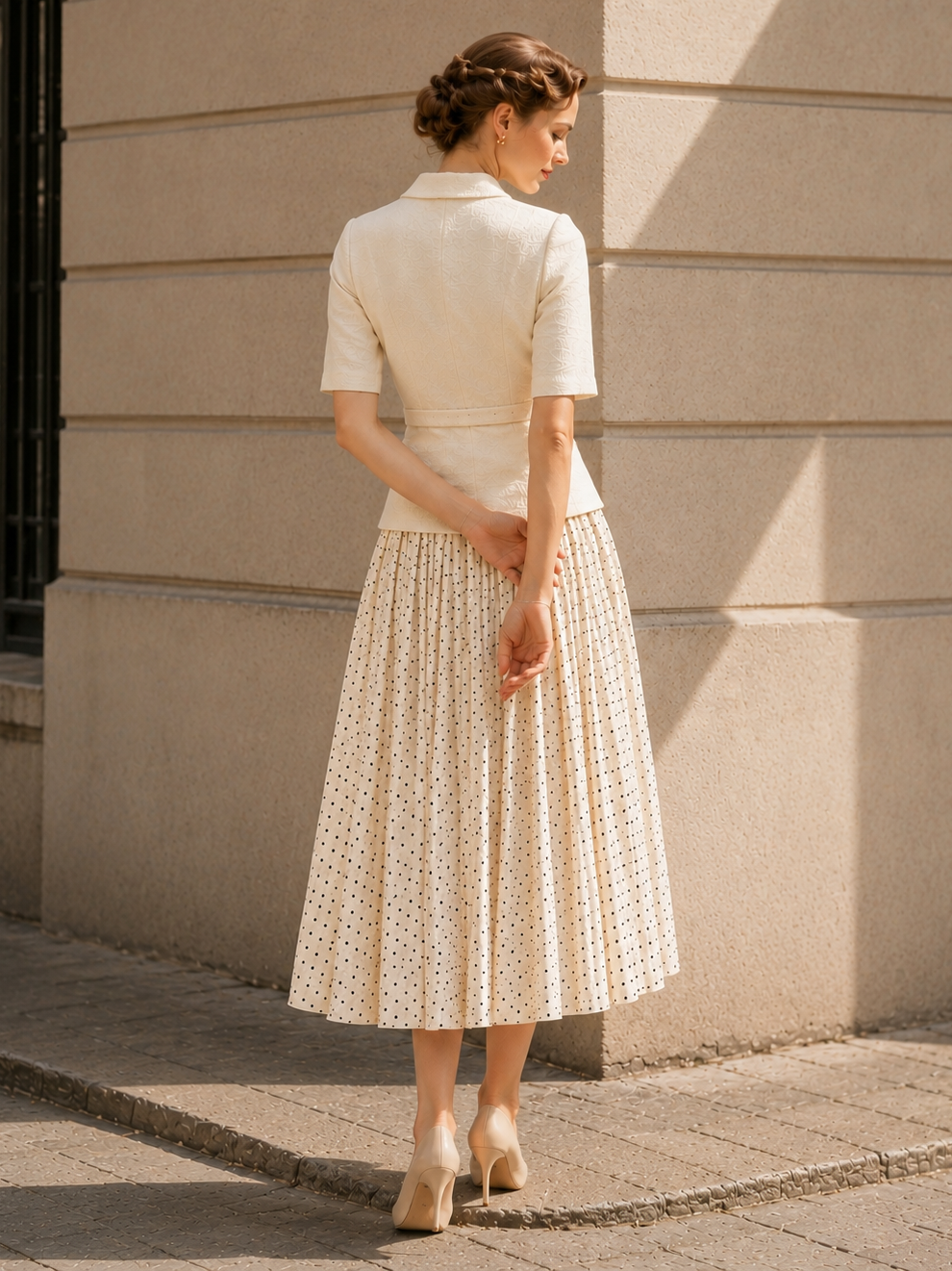 Vintage Chunky Knit Top & Polka Dot Skirt Two-Piece Set