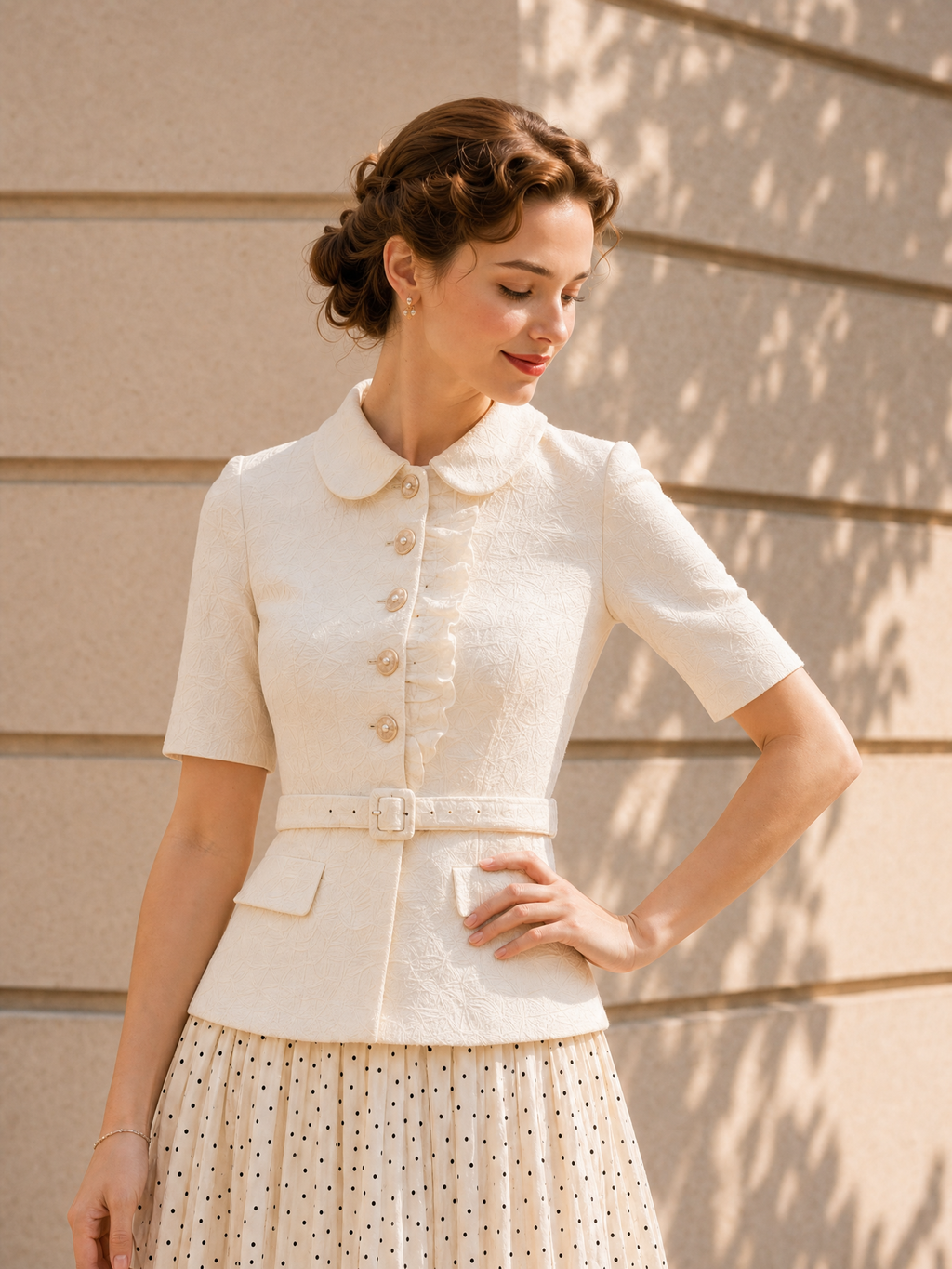 Vintage Chunky Knit Top & Polka Dot Skirt Two-Piece Set