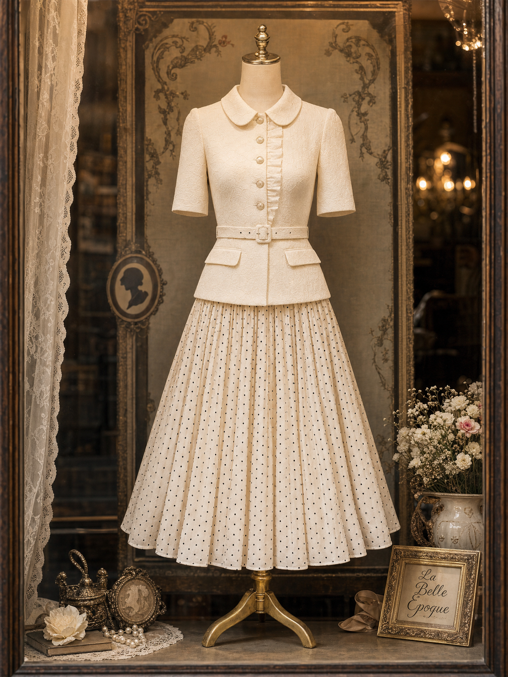 Vintage Chunky Knit Top & Polka Dot Skirt Two-Piece Set
