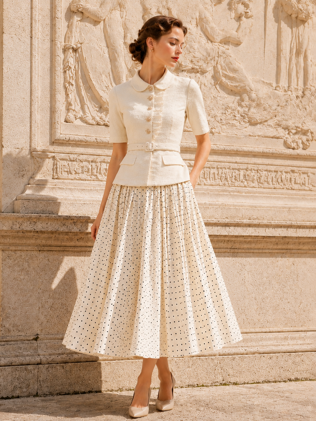 Vintage Chunky Knit Top & Polka Dot Skirt Two-Piece Set