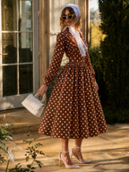 Vintage Polka Dot Print Cross Neck Full Skirt Midi Dress