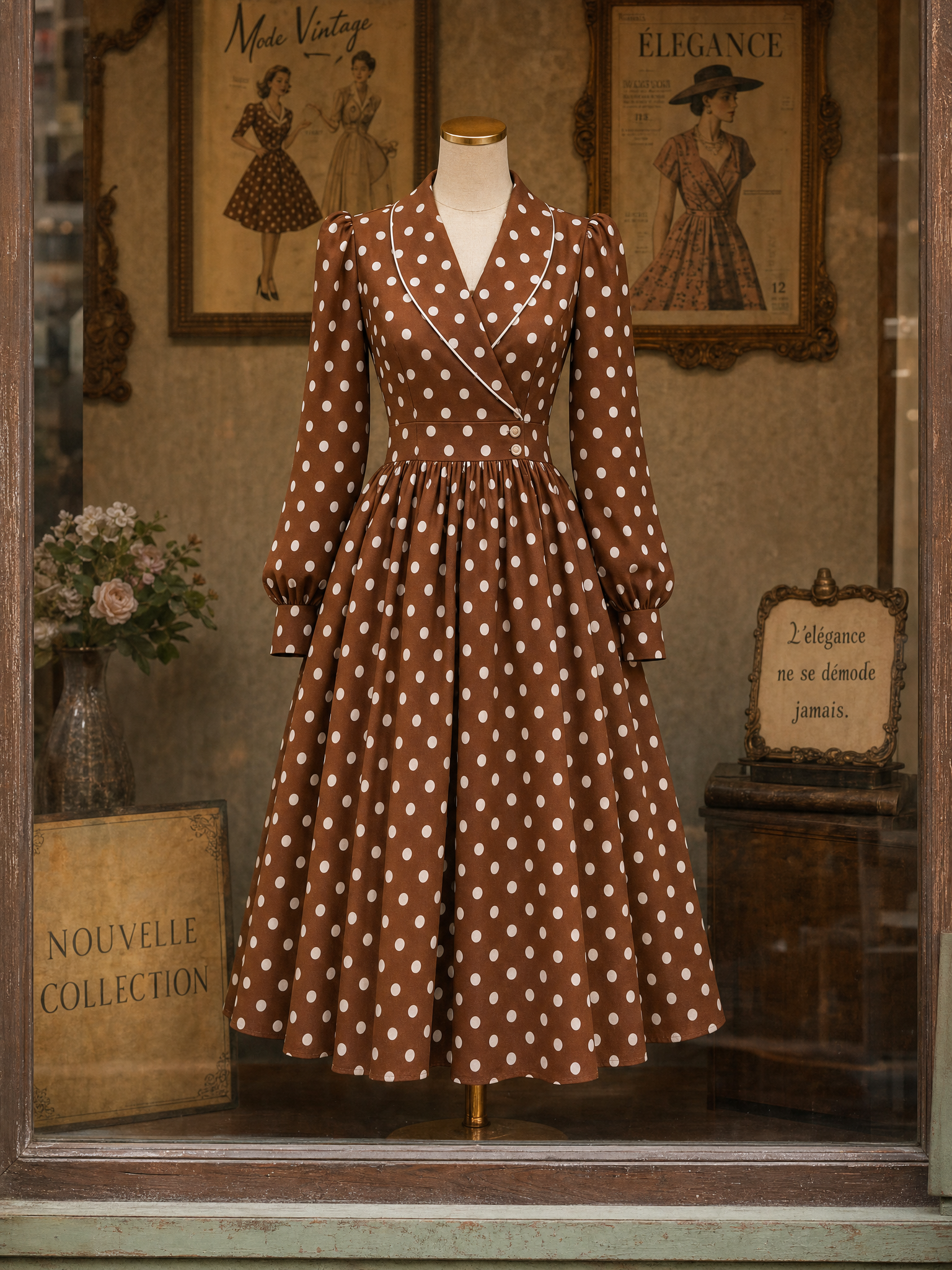 Vintage Polka Dot Print Cross Neck Full Skirt Midi Dress