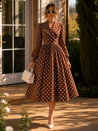 Vintage Polka Dot Print Cross Neck Full Skirt Midi Dress