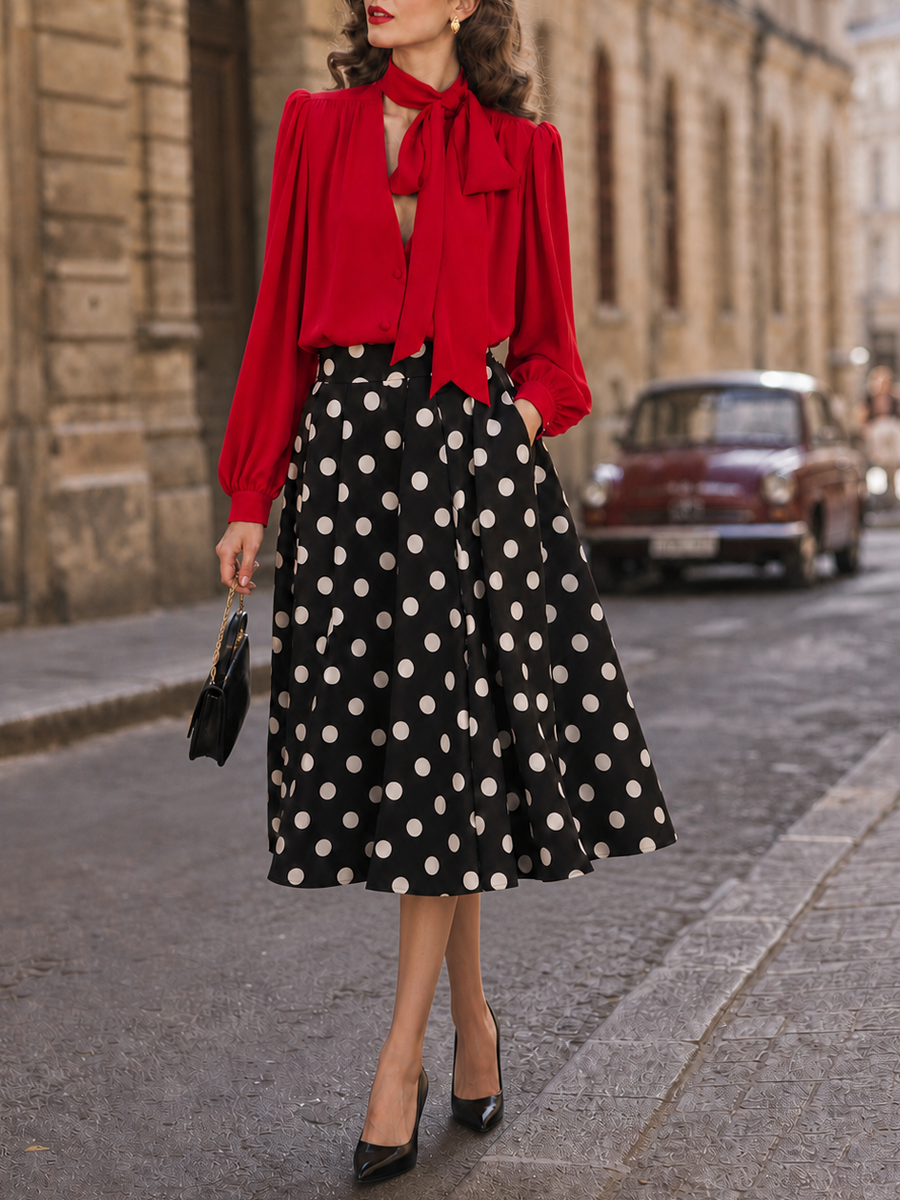 Vintage Black White Polka Dot High-Waist A-Line Midi Skirt