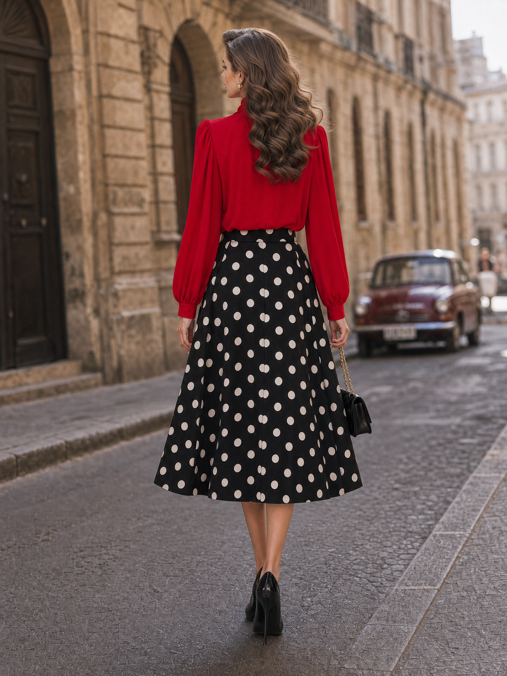 Vintage Black White Polka Dot High-Waist A-Line Midi Skirt