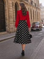 Vintage Black White Polka Dot High-Waist A-Line Midi Skirt