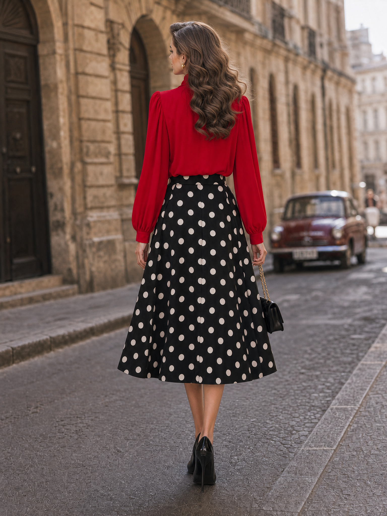 Vintage Black White Polka Dot High-Waist A-Line Midi Skirt