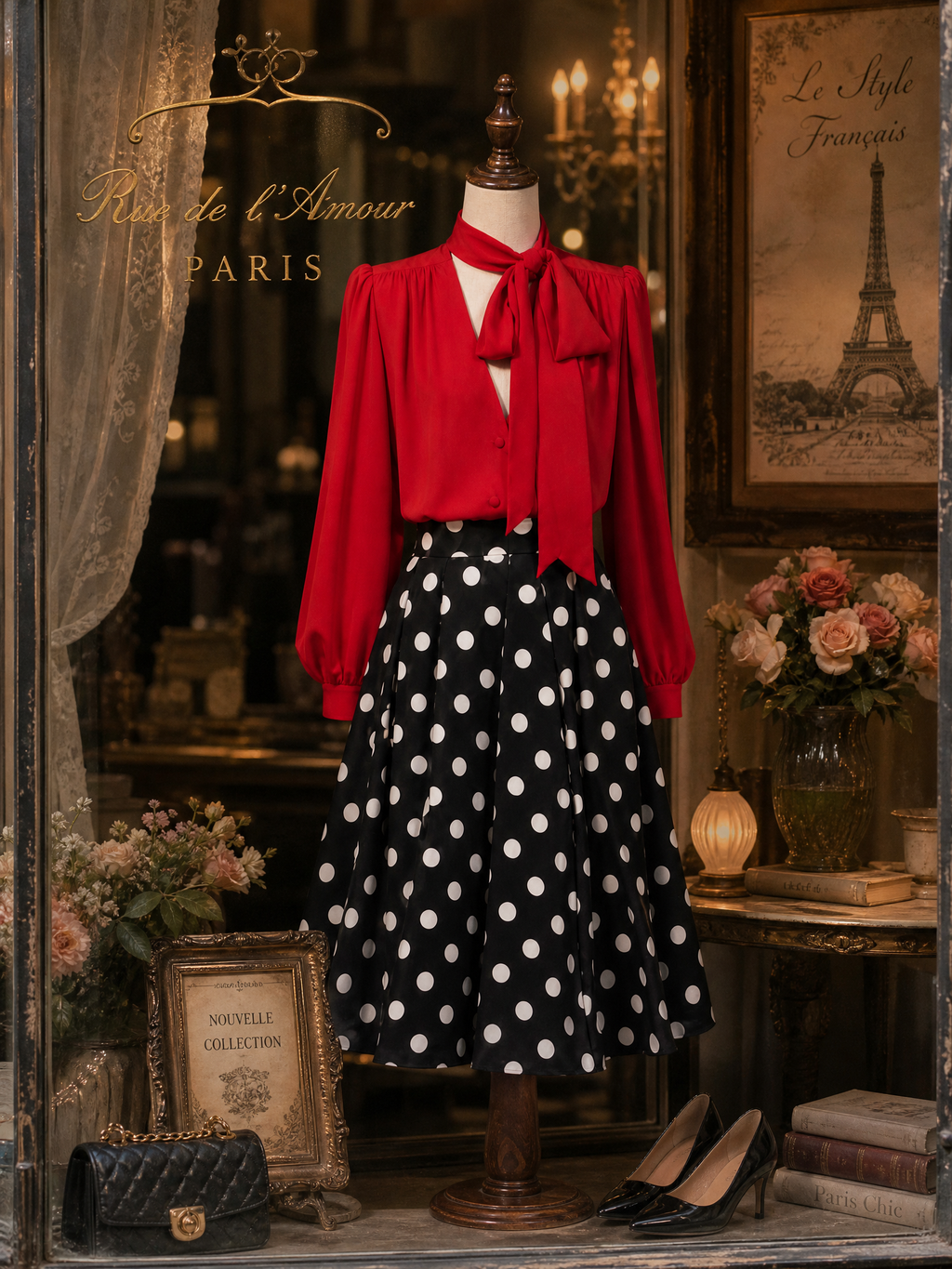 Vintage Black White Polka Dot High-Waist A-Line Midi Skirt