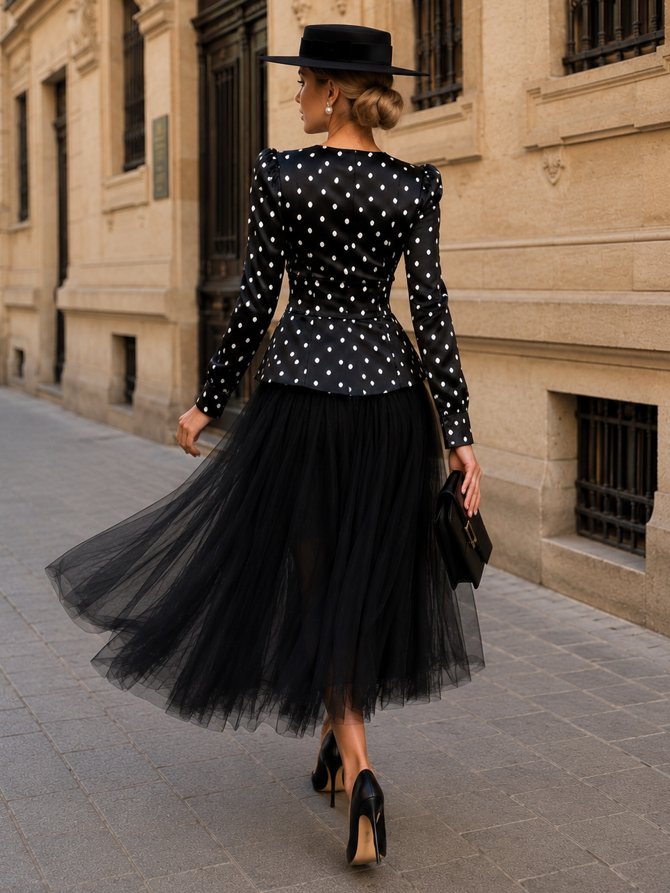 Vintage Satin Polka Dot Top & Tulle Skirt Two-Piece Set
