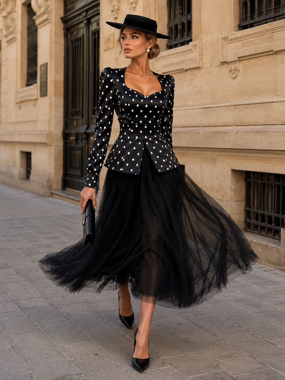Vintage Satin Polka Dot Top & Tulle Skirt Two-Piece Set