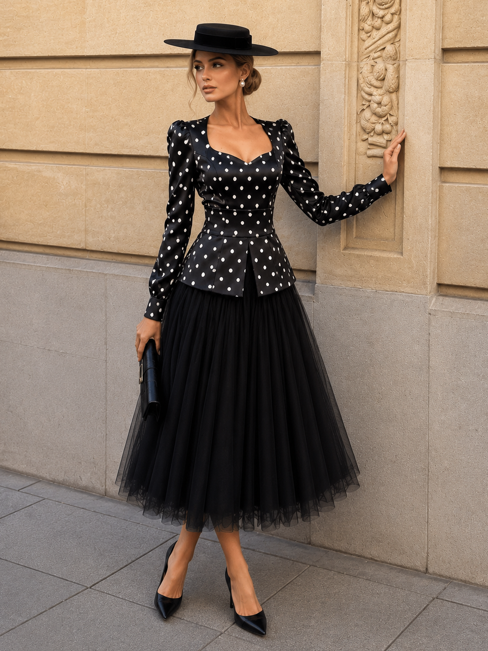 Vintage Satin Polka Dot Top & Tulle Skirt Two-Piece Set