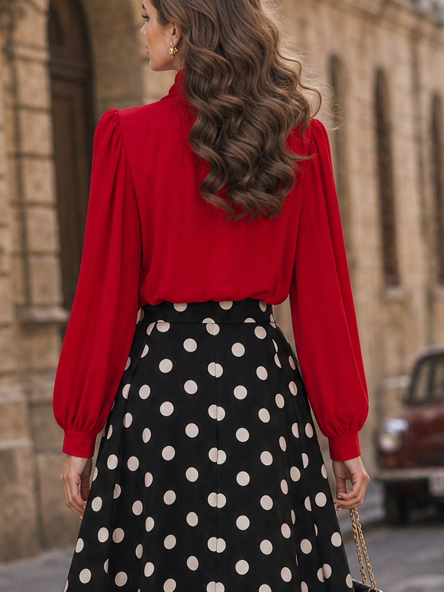 Vintage French Red Pussy-Bow Tie-Neck Blouse