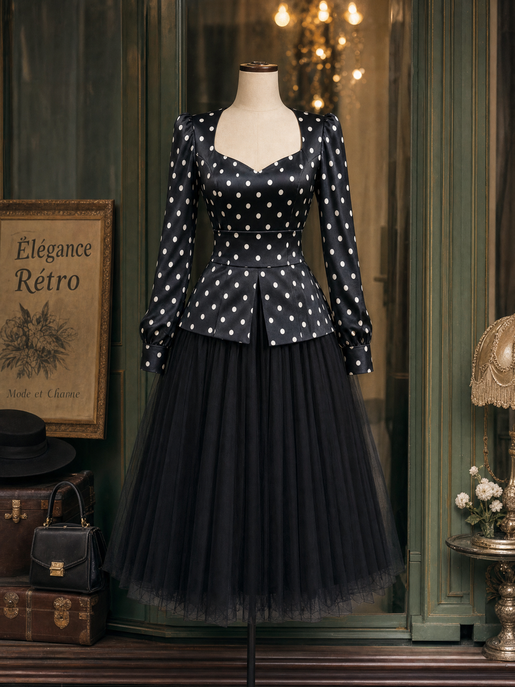 Vintage Satin Polka Dot Top & Tulle Skirt Two-Piece Set