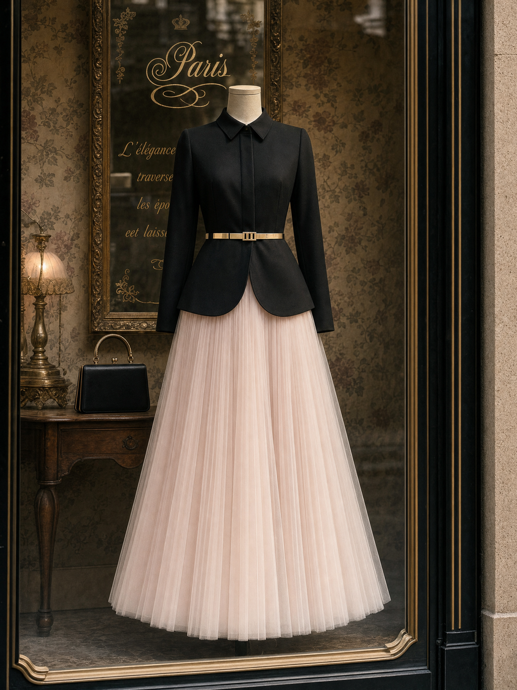 Vintage Cinched Waist Top & Tulle Skirt Two-Piece Set